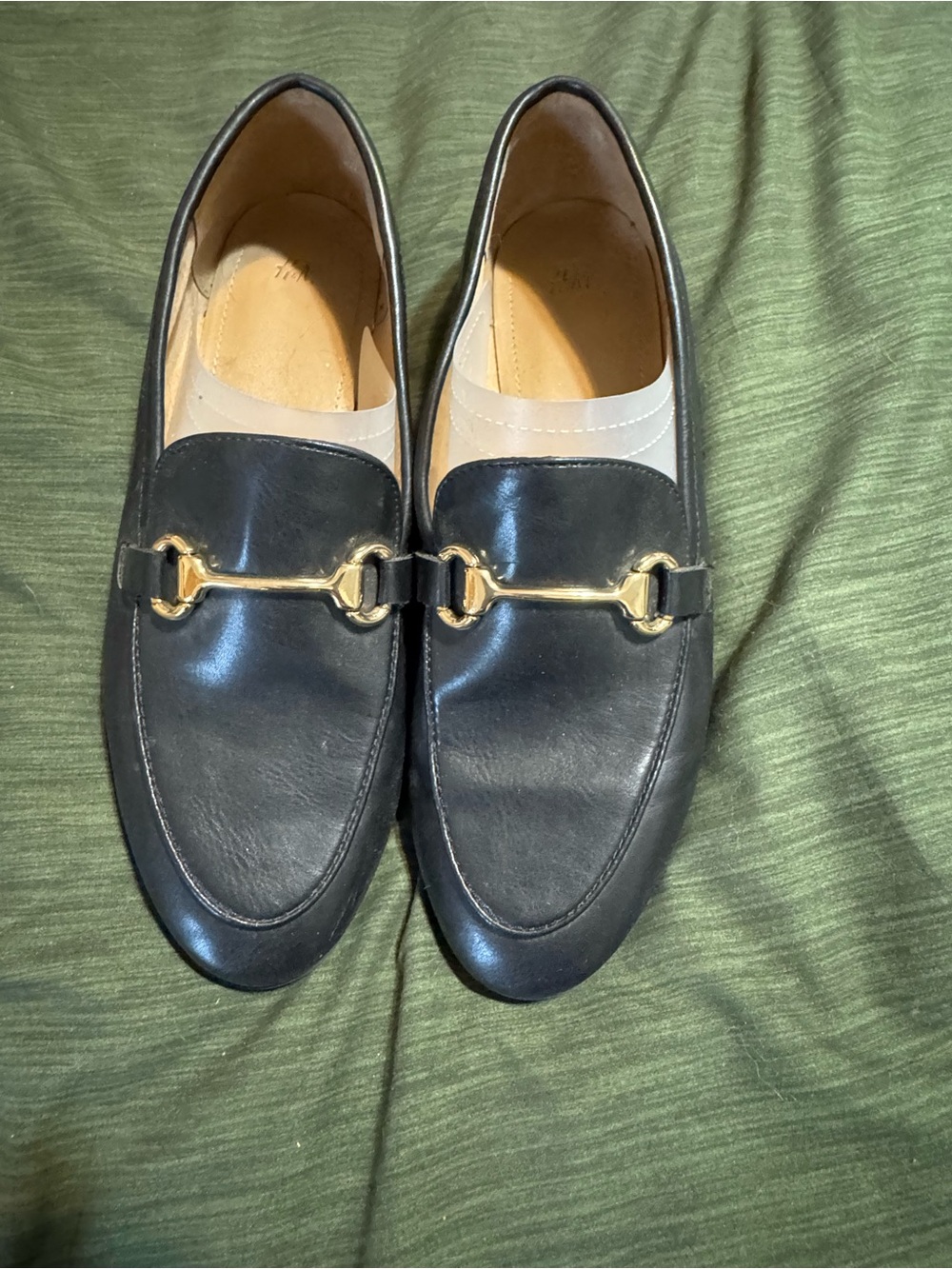 Women’s H&M Black Leather Bit Loafers with Gold Hardware